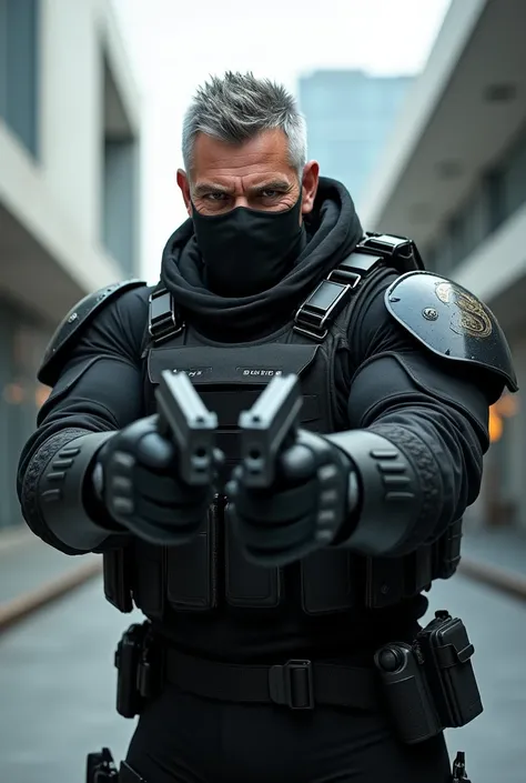 A 40 year old man with gray hair in modern black armor with two glock pistols in his hands and a mask covering his nose and mouth 