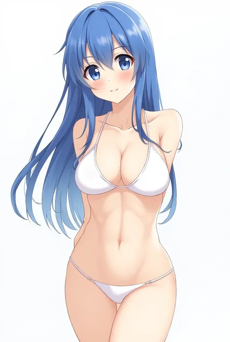 best quality, masterpiece, 1girl, 2020s, simple background, blue hair, long hair, ahoge, (white bikinis), blue eyes, thin breasts