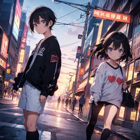 anime boy wearing aesthetic outfit, with text on his clothes, in city lights back ground