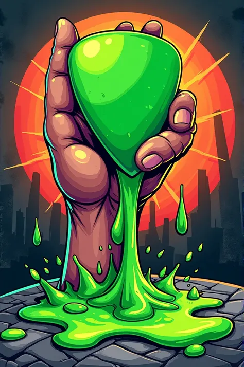 A cartoon street art style band logo that portrays a hand holding a guitar pick drenched in green goo