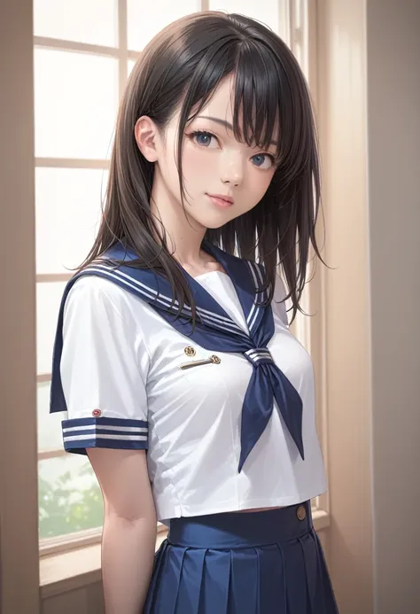 (score_8, score_8_up,source_anime,masterpiece,highest quality,Perfect Anatomy,Exquisite detailed:1.1)(photo realistic:1.2)raw photo,1 girl,Japanese,small breasts,black hair,straight hair,sailor suit,dark blue sailor collar,white shirts,short sleeve,dark bl...