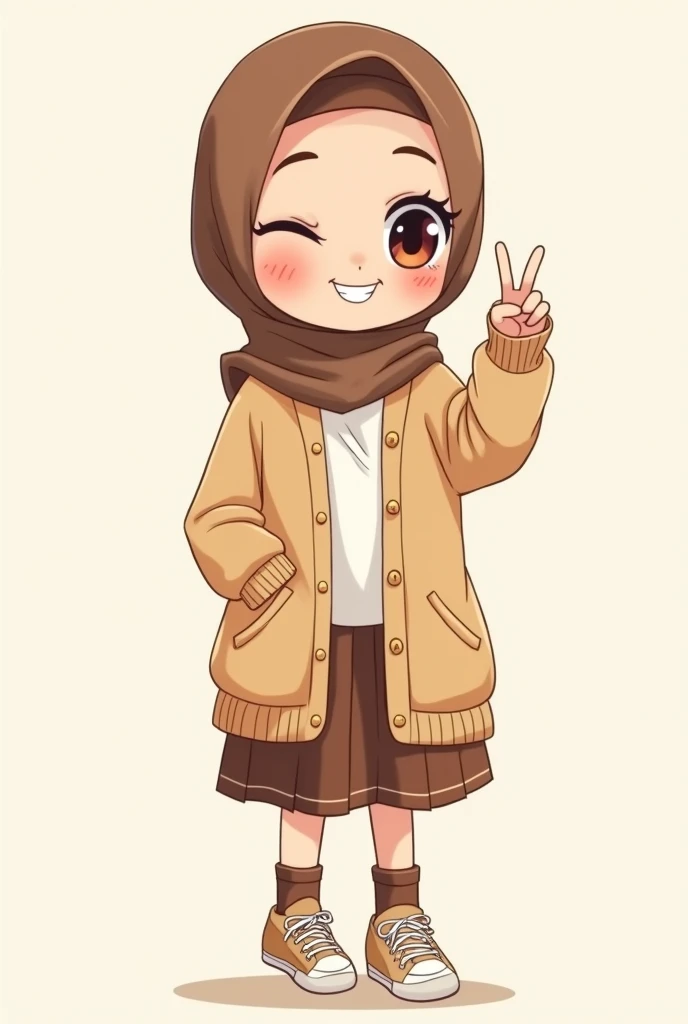 Cartoon with text: 
Cute and adorable face, big detailed eyes, Cute little cartoon girl, with brown hijab on, wearing oversized beige cardigan, white shirt, brown skirt, brown socks, sneakers, peace sign, one eye closed, 