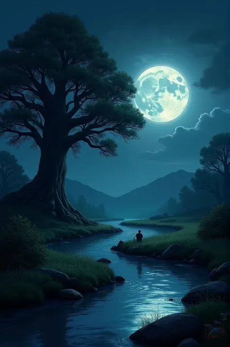 Moon, night, stream, big tree