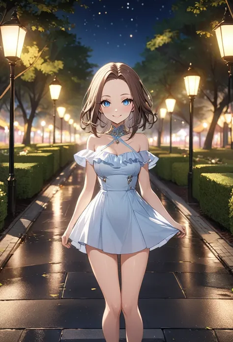 8K,high res,Skin details, Beautiful facial features, Exquisite makeup, Exquisite eyes, Eye detail,smile,forehead,1 anime girl,2,mini-dress,full-body,park at night