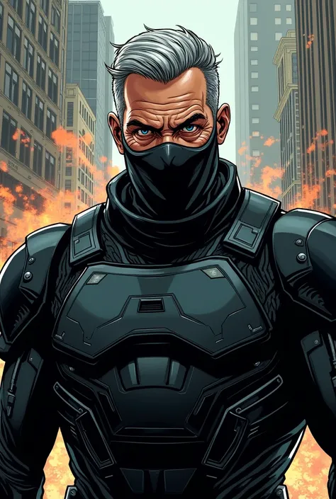 Man in his 40s with gray hair wearing modern black armor with a mask covering his mouth and nose in a modern American comic book style with a chaotic