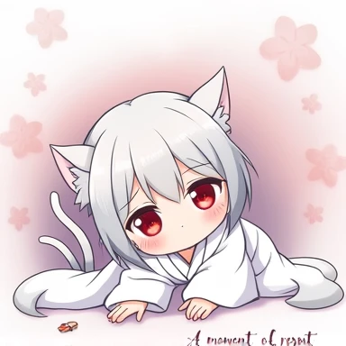 One Woman,Gray Hair,Cat ear,((Chibi Character)) ,Red eyes,White kimono,Sleeping on the floor,Tired face,Feeling exhausted,Please enter text in the bottom right corner of the fantasy image,A very popular font,