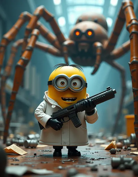 Minion Kevin Wearing a scientist suit standing holding a giant gun. In the lab there is a giant spider with a tense expression, chaotic scene, explosion. 