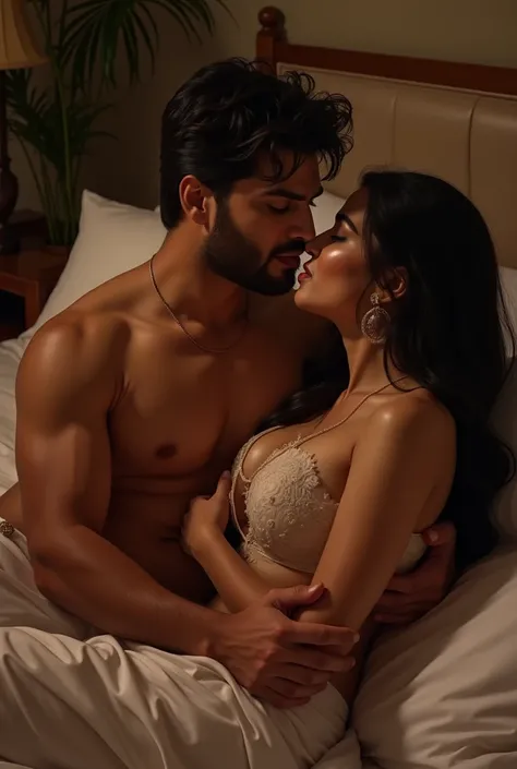 two on bed, realistic Indian wife and husband, man and woman, mans sucking boobs, mans sucking boobs, mans sucking boobs, mans sucking boobs, man grabbing breast, wife in bed, in honeymoon, erotic pose