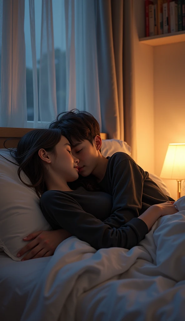 In a softly illuminated bedroom, a 2 boy and a girl, both dressed in matching black shirts, share an intimate moment that exudes warmth and affection. The girl lies comfortably on the neatly made bed, her hair cascading around her head like a soft halo, he...