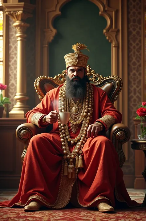 A Indian king with coffee in his hands sitting in a mansion