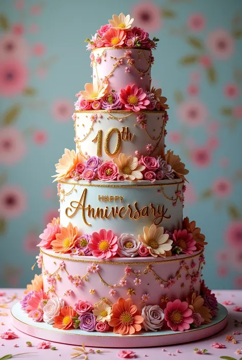 Photorealistic. Colourful 10 years anniversary cake and printed the 
Happy 10th Anniversary "AESTOM" on the cake