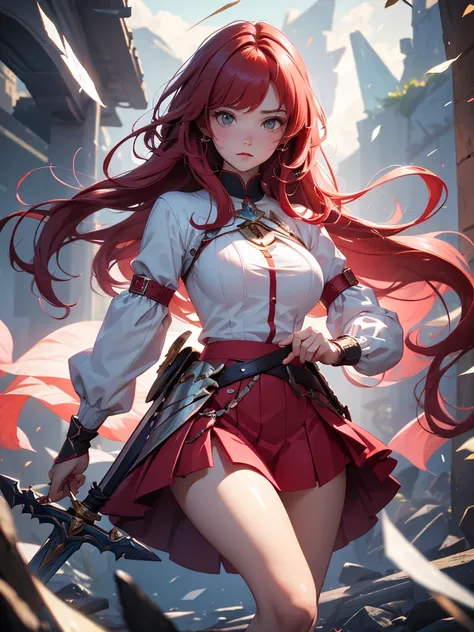 A beautiful female knight with red hair and semi-long hair is fighting a long-necked demon by a magical spring. She is fluttering her mini-skirt and trying to swing her sword. She is adorably cute and has outstanding style. She has beautiful breasts, a sle...