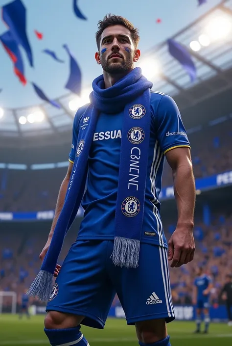 Fan de Chelsea en costume portant une écharpe Chelsea