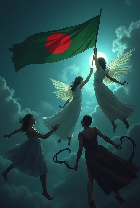 many angel like shiny teenagers flying in the black sky holding bangladeshi flag in their hand and many dirty witch and demons like character with long sharp pointed nails want to hold it down