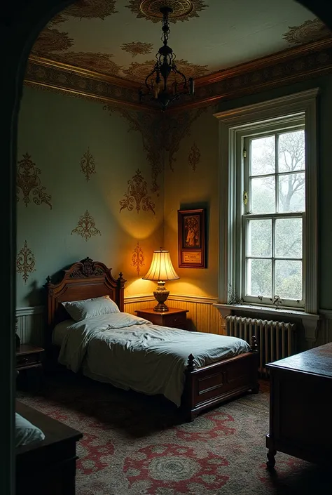 Inside was an immaculate room, sharply contrasting with the rest of the mansion. A single lamp cast a warm glow over a neatly made bed, a polished desk, and a shelf of books. The air was surprisingly fresh. RUINED FURNITURE AND PEELING OF THE WALLPAPER 