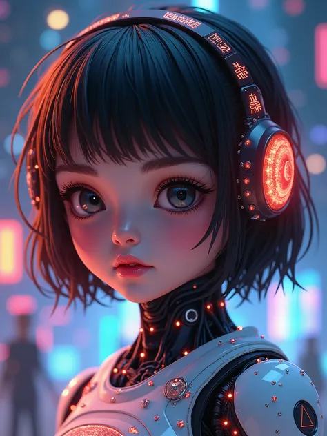 A pretty girl, 2, wearing beautiful fashionable casual clothes, short brown hair, pretty eyes, pretty lips, sparkling jewelries, half robot, night version , fantasy, vibrant colors, futuristic, some runes