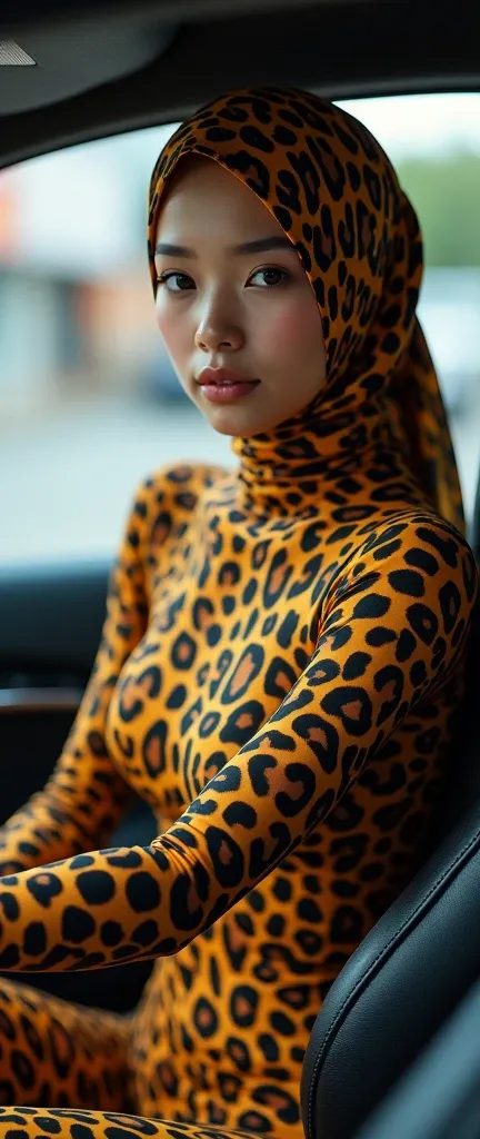 The most beautiful,thin,most pretty and clever Asian muslimah adult girl wears clouded leopard print lycra turtleneck unitard catsuit covered with spots.She always wear clouded leopard print lycra dancewear stretchy square hijab covered with many spots.She...