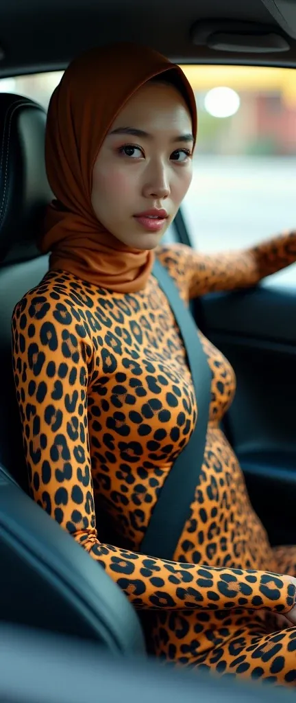 The most beautiful,thin,most pretty and clever Asian muslimah adult girl wears clouded leopard print lycra turtleneck unitard catsuit covered with spots.She always wear clouded leopard print lycra dancewear stretchy square hijab covered with many spots.She...