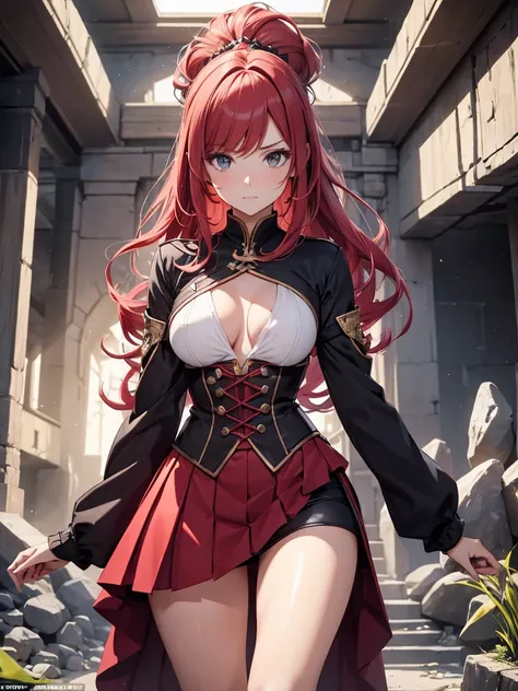 A beautiful female knight with red hair and semi-long hair is fighting a long-necked demon by a magical spring. She is fluttering her mini-skirt and trying to swing her sword. She is adorably cute and has outstanding style. She has beautiful breasts, a sle...