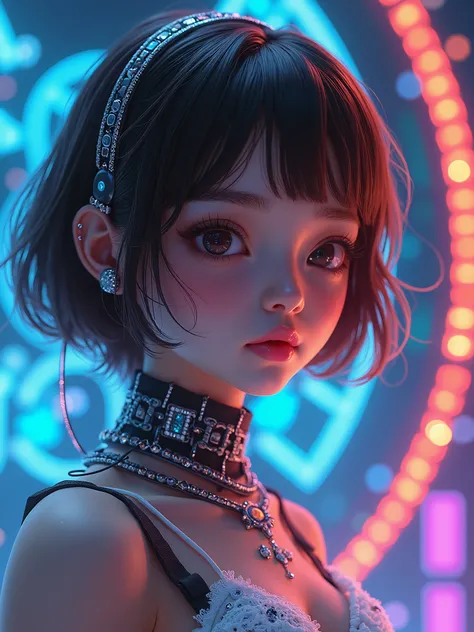 A pretty girl, 2, wearing beautiful fashionable casual clothes, short brown hair, pretty eyes, pretty lips, sparkling jewelries, half robot, night version , fantasy, vibrant colors, futuristic, some runes