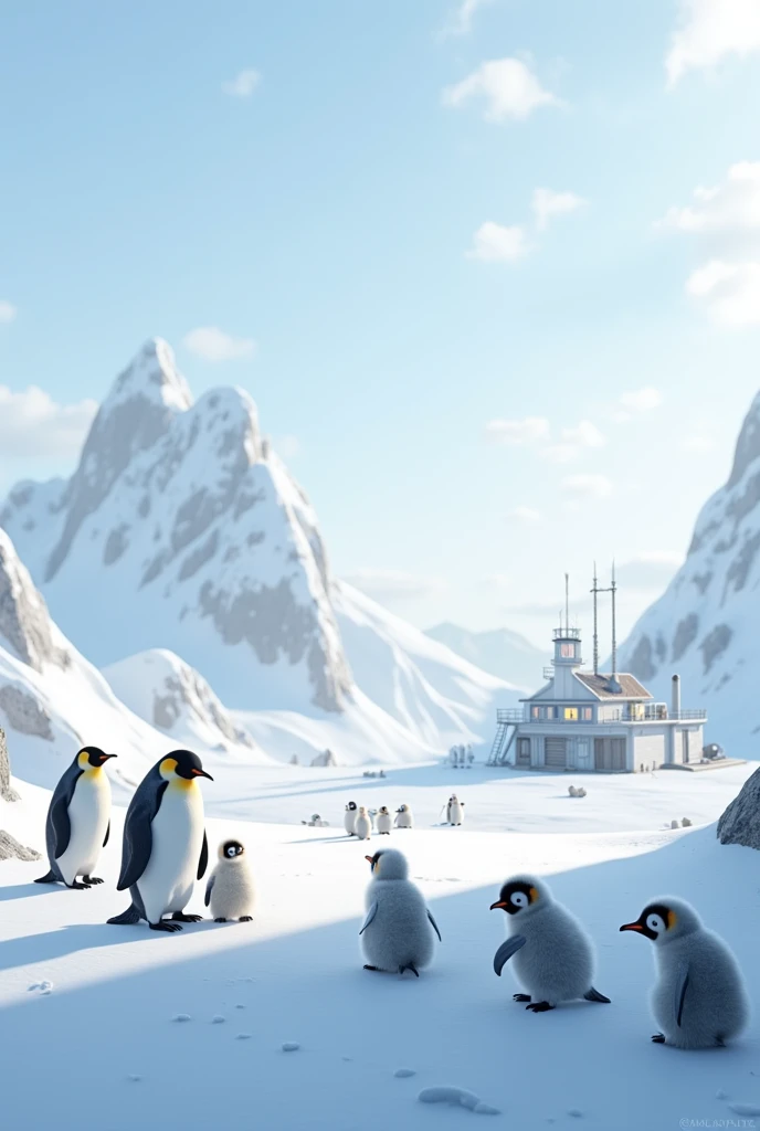 Antarctica nice penguine family 
thumbnail with resarch station with some man white cintinent
