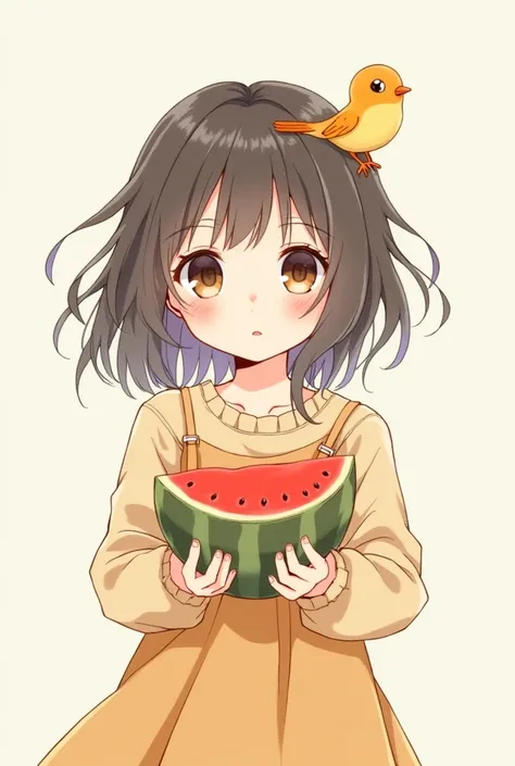 anime girl with a watermelon and a bird in her hand, Animation drawn by Kanbun Master, pixiv, Shorthand, The material is!!! watermelon!!!, Meow, Lovely art style, Ink art animation , Fleet Collection Style, Cute girl anime visual, Official Artwork, high de...