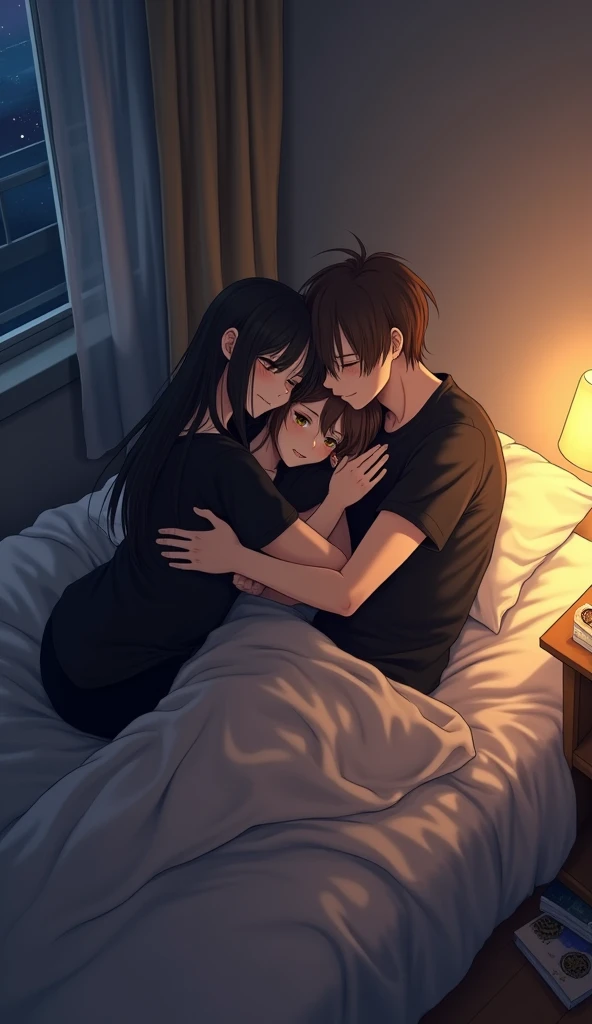 Anime version In a softly illuminated bedroom, a 2 boy and a girl, both dressed in matching black shirts, share an intimate moment that exudes warmth and affection. The girl lies comfortably on the neatly made bed, her hair cascading around her head like a...