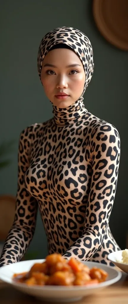 The most beautiful,thin,most pretty and clever Asian muslimah adult girl wears clouded leopard print lycra turtleneck unitard catsuit covered with spots.She always wear clouded leopard print lycra dancewear stretchy square hijab covered with many spots.She...