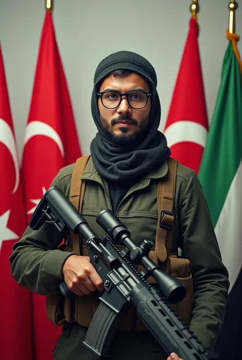 A malay man 29 year glasses mujahid holds a weapon sneaper and there are flags of Turkey, Palestine, syrian, Yemen