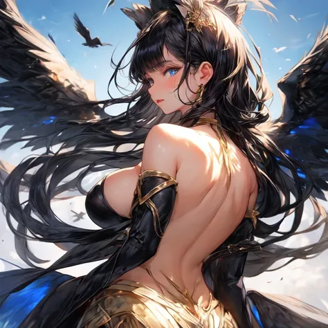 Beautiful girl with long black hair and blue eyes and bird wings from the back with big breasts UHD, textured skin, super detail, high details, high quality,