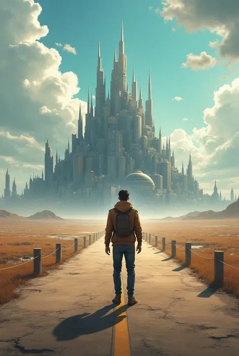 a man who is at a fork in the road and is confused about choosing between 2 roads, the first road leads to a big, very futuristic city and the other road is the road to a mechanical castle that can go anywhere
