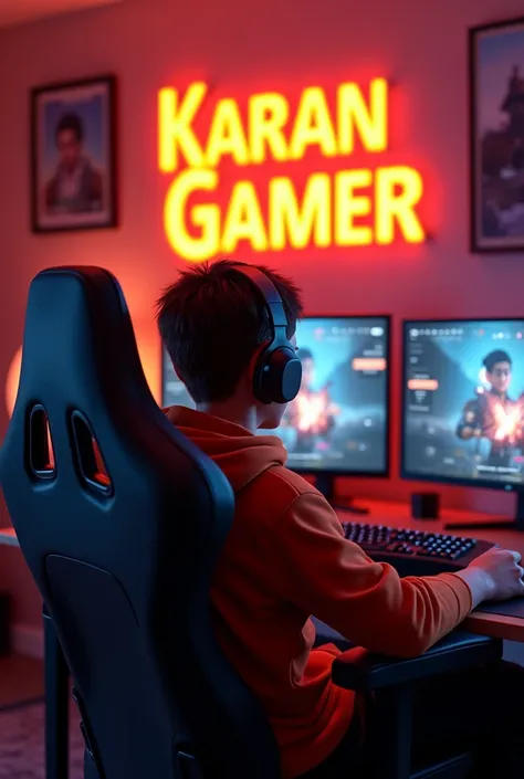 

Create A 3D Realistic image of a Boy sitting in gaming room on gaming chair and playing on Free Fire application on his pc. The boy must wear dark orang hoodie headphones And his name "Karan Gamer" is Written on the wall with orange colour neon light.