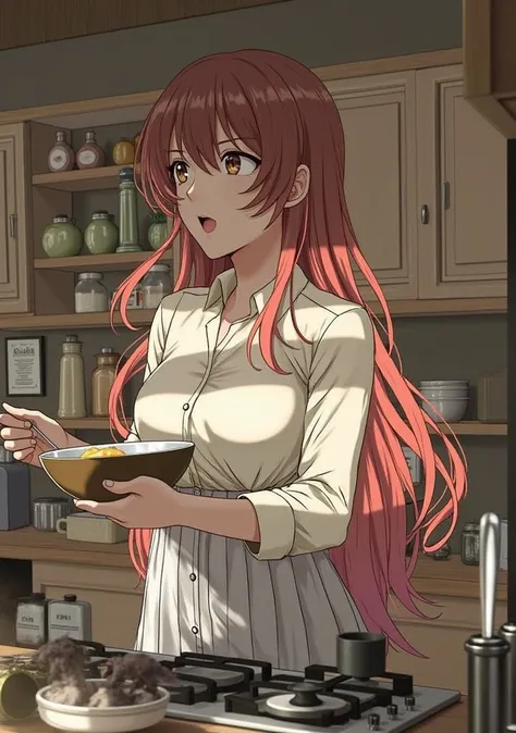 (hair swept bangs:1.3), (long brown hair:1.3), nime girl in a kitchen preparing food with a bowl and spoon, 1girl, solo, long hair, open mouth, ahoge, red hair, indoors, bottle, bowl, cooking, shelf, anime style, from girls frontline, fine details. girls f...