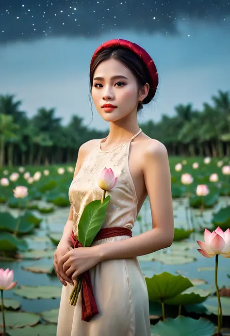 wide angle camera shot full body, ((night sky: 1.2)), fashion fairytale shot, high camera angle of beautiful vietnamese girl inv...