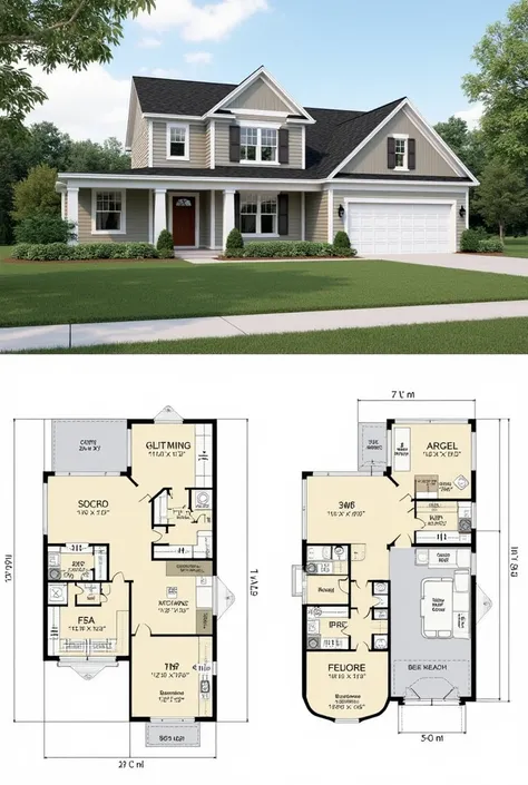 Make me a two storey house floorplan.
Make it:

1st picture is the whole structure 
2nd picture are the floor plans
Separate 1st floor and 2nd floor