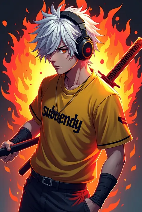 A anime and gaming mix logo  male white hair wearing headphones holding a katana with red aura effect wearing a yellow esports shirt on the shirt there is the word "sub mendy" with flaming burning