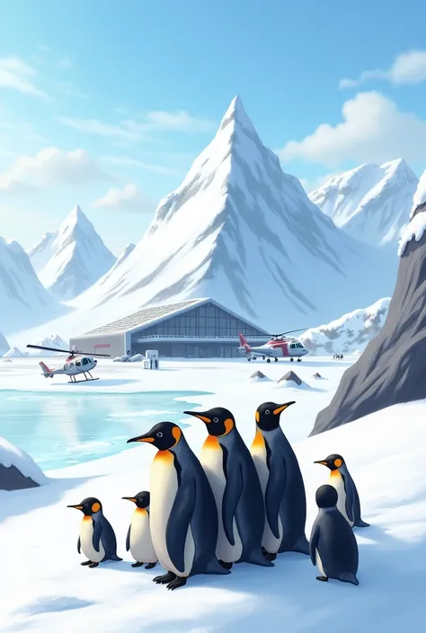 Antarctica nice penguine family 
thumbnail with resarch station with some man white cintinent amundson resarch centre with plane and helecopter
