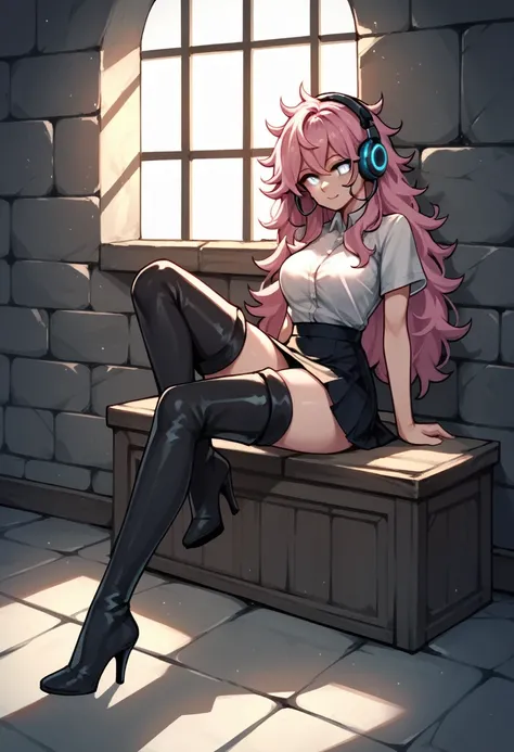 score_9, score_8_up, score_7_up, score_6_up, score_5_up, score_4_up, source_anime, 1woman, sit, pink hair, long hair, white eyes, messy hair, white shirt, skirts, thigh high boots, heels, stockings, dungeon, headphones, best quality, best res, 4K, UHD,
 