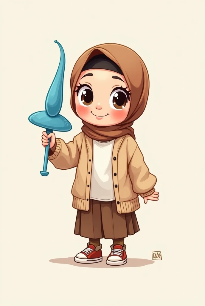 Cartoon with text: 
Cute and adorable face, big detailed eyes, Cute little cartoon girl, with brown hijab on, wearing oversized beige cardigan, white shirt, brown skirt, brown socks, sneakers, holding a giant dildo, blue dildo 