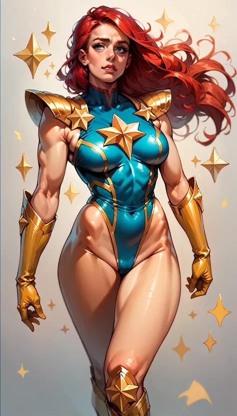 score_9, score_8_up, score_7_up, score_6_up, (((masterpiece))), (((Best Quality: 1.5))), Sexy, Superheroine, Red hair, long hair, busty, plump, curvy, ((blue highleg leotard with a t-back thong and a gold star insignia on chest)), gold boots, gold gloves,