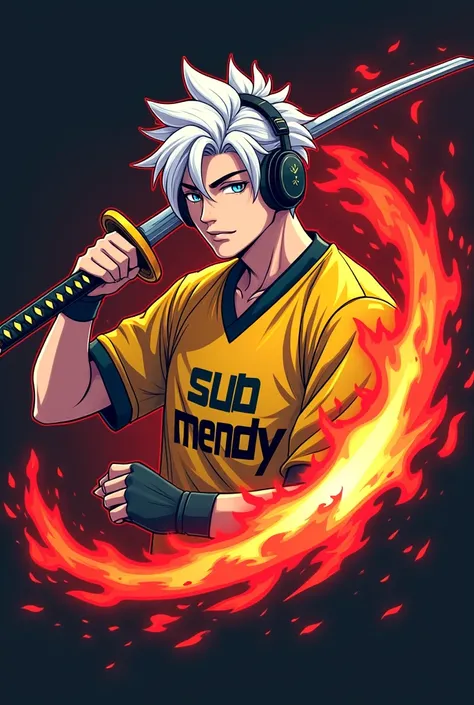 A anime and gaming mix logo  male white hair wearing headphones holding a katana with red aura effect wearing a yellow esports shirt on the shirt there is the word "sub mendy" with flaming burning