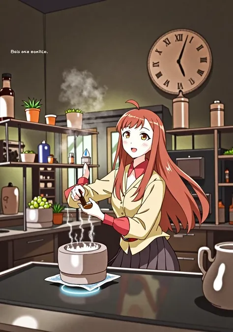 (hair swept bangs:1.3), (long brown hair:1.3), nime girl in a kitchen preparing food with a bowl and spoon, 1girl, solo, long hair, open mouth, ahoge, red hair, indoors, bottle, bowl, cooking, shelf, anime style, from girls frontline, fine details. girls f...