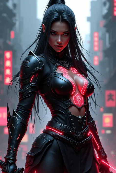 Niko Robin is re-imagined as a neo-samurai warrior woman, sexy in body and wearing high-tech samurai armor that glows with neon red accents. Her iconic long hair is loose but with interwoven metal strands giving a futuristic impression. Ancient dragon symb...