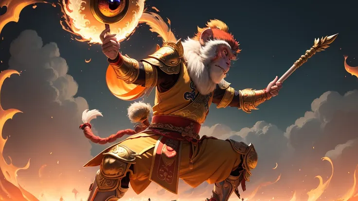 Anthropomorphic male monkey man holding a golden hoop in one hand, Bo staff, Sun wukong, wukong, Fighting Buddha, Normal hand, There are clouds of flame under your feet, The fire eye is bright and brave, Very beautiful anthropomorphic monkey, Fighting Stan...