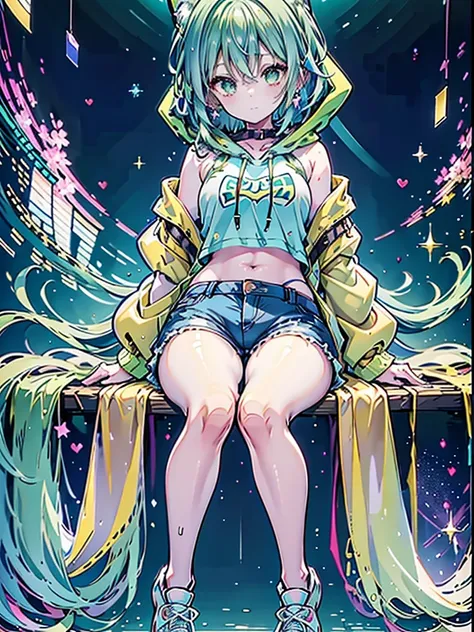 anime, 8k, One person, Blue and green hair,Colorful hoodies,Colorful sneakers,Colorful shorts,Star earrings in both ears,Red Heart Eyes,Shortcuts,cute