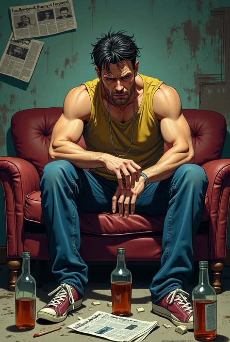 A white man with dark hair in his 30s, athletic build, sits drunk on a dirty couch with empty liquor bottles around a dirty apartment with newspaper reports of crimes thrown on the floor., modern american comic style