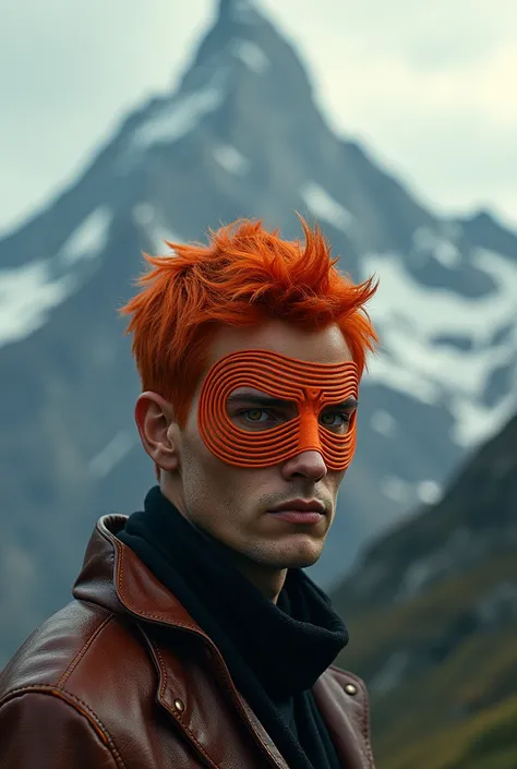 A man,side have short red hair,front side ,wearing a mask,mask start line to corner circling and right  eye  side hole stop lining ,wear a mask then one eye show one side eye wil cover mask ,mask colour orange  ,orange eyes ,stand on front of mountain , ba...