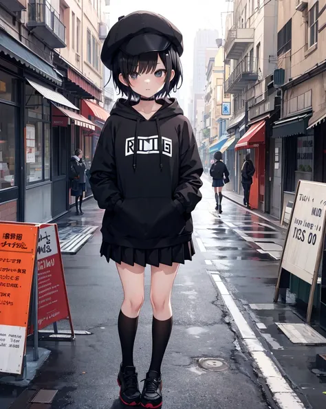 anime, Highest quality, masterpiece, High resolution, stylish, cute ,One person, alone, short hair, Black Hair, hoodie, Mob Cap, Runaway girl, street, Grab the skirt,Thigh-high stockings, Pleated skirt, Ultra mini skirt