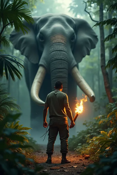 (photorealism:1.2) a movie poster where a man is standing with a fire stick facing a mammoth like elephant with only the elephants tusks visible in the midst surrounding is green jungle and less light the man is wearing a pant and torn t shirt