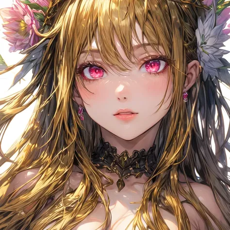 Beautiful Dryad With Long Golden Hair With Pink Eyes With Big Breasts UHD, textured skin, super detail, high details, high quality,